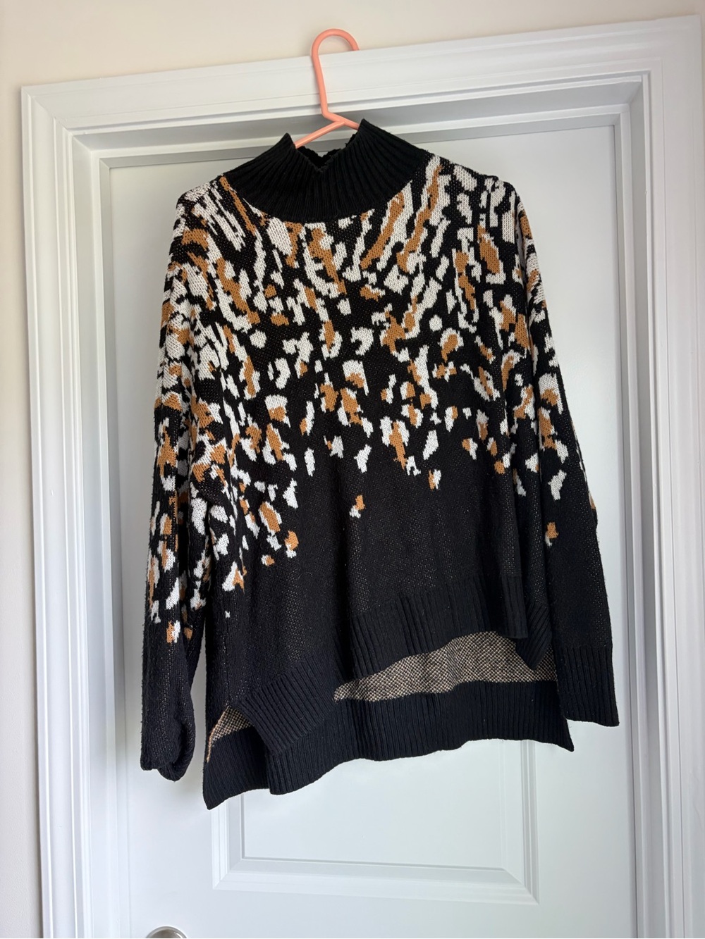 new directions Black Cowlneck Sweater with White and Brown Pattern